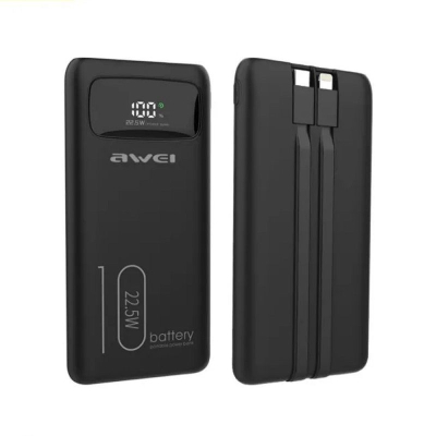 Power bank γρήγορης φόρτισης 10000mAh 22.5W με 2 ενσωματωμένα καλώδια TypeC και Lightning- AWEI – P168K– Μαύρο