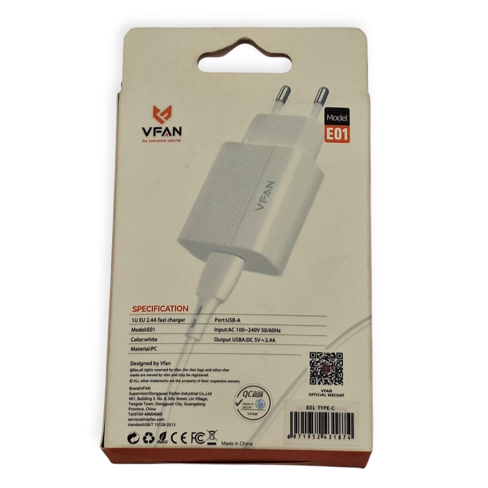 VFAN Φορτιστής με Θύρα USB-Α , Καλώδιο USB- Type C Λευκός - E01