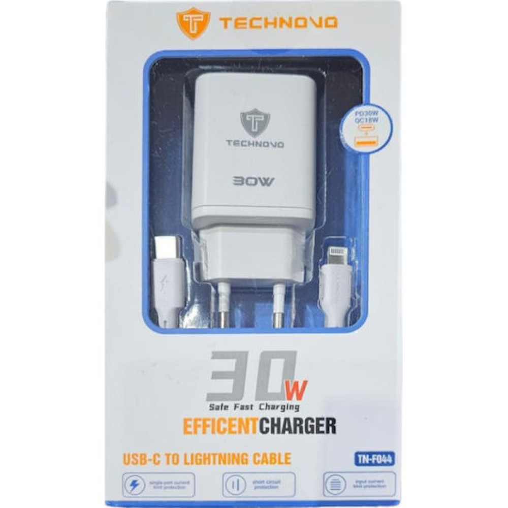 Technovo Φορτιστής με Θύρα USB-A και Θύρα Type C και Καλώδιο Type C- LIGHTNING CABLE 30W Λευκός - TN-F044