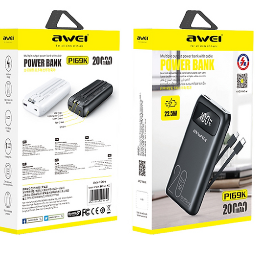 Power bank γρήγορης φόρτισης 20000 mAh 22.5w με 2 Θύρες USB-A και Θύρα USB-C -AWEI P169K - Μαύρο