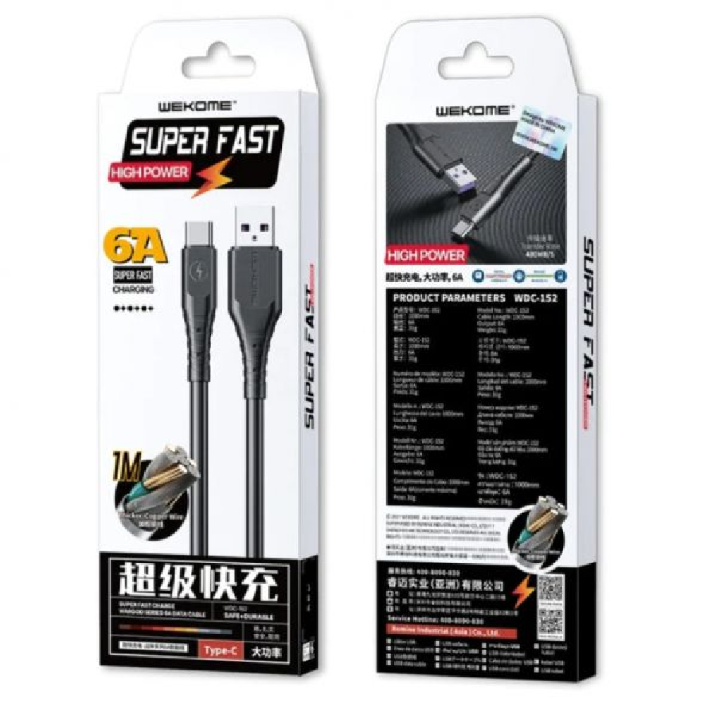 Wekome Καλώδιο φόρτισης & data Super Fast 6A USB to Type-C 1m Μαύρο WDC-152