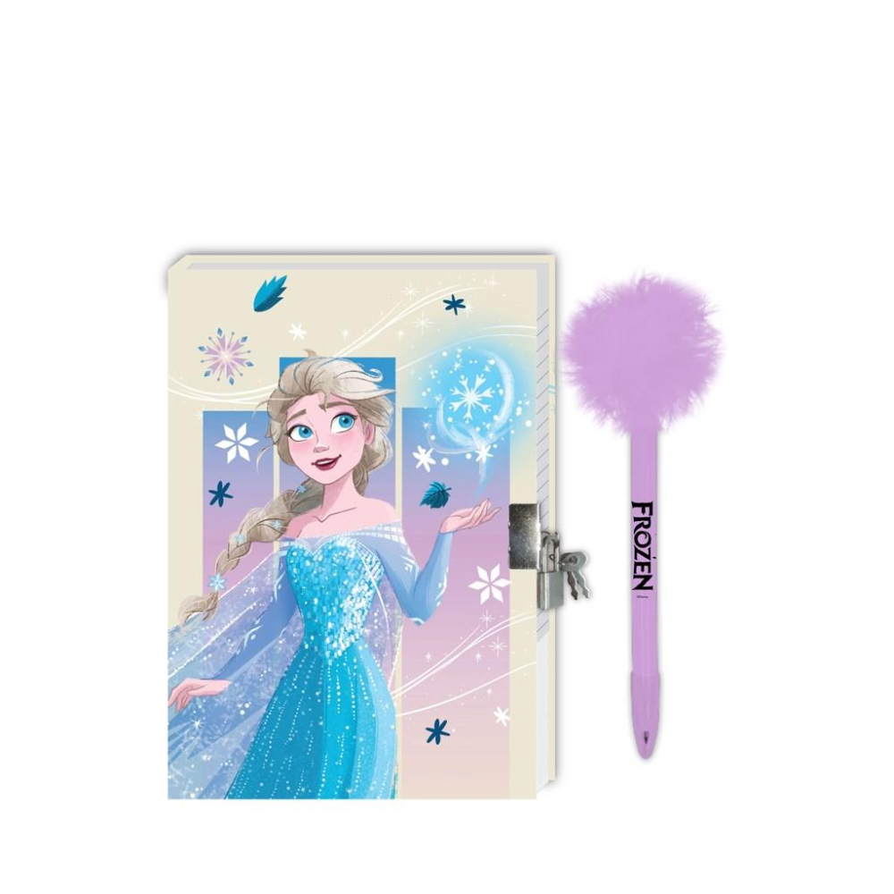 DIARY WITH LOCK 12X18CM 60SH 60GR AND PEN WITH POM POM FROZEN