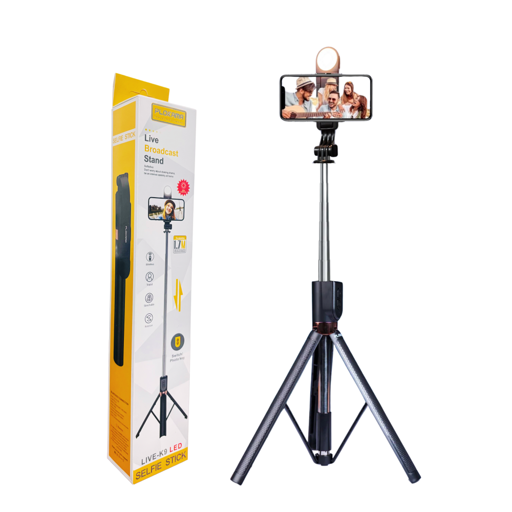 Plokama K9 Led Selfie Stick Τρίποδο Κινητού με Bluetooth και Led - Μαύρο