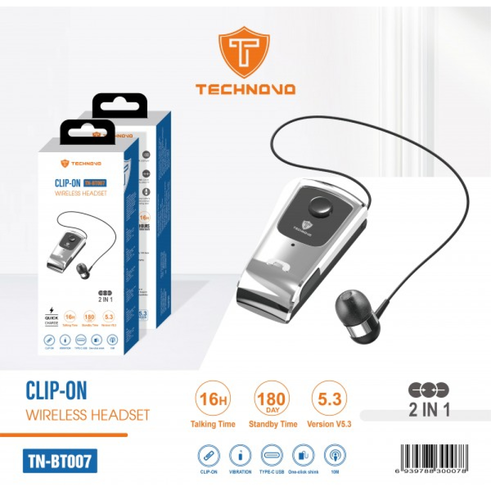 Technovo Ακουστικό Bluetooth Clip-On TN-BT007 Μαύρο