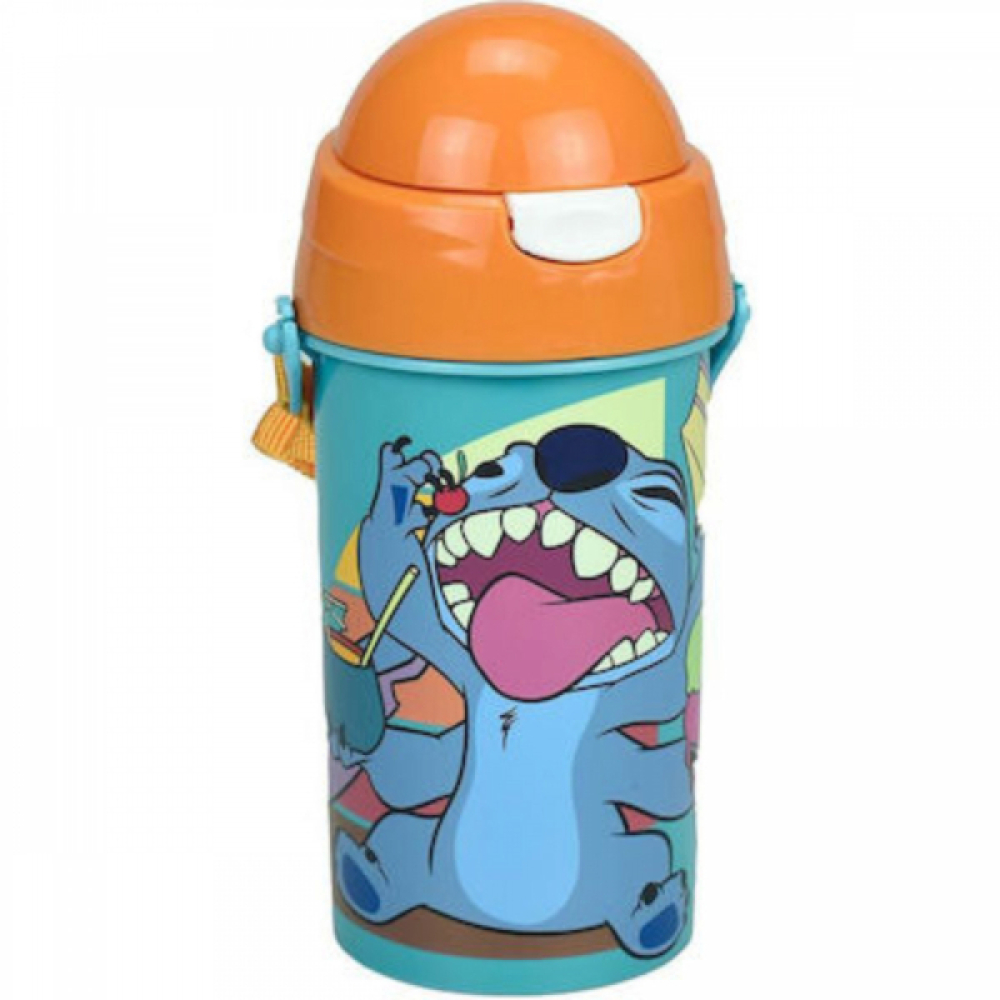 Παγούρι Lilo & Stitch 500ml με Καλαμάκι & Κορδόνι – Πλαστικό PP, BPA Free, 19x8cm