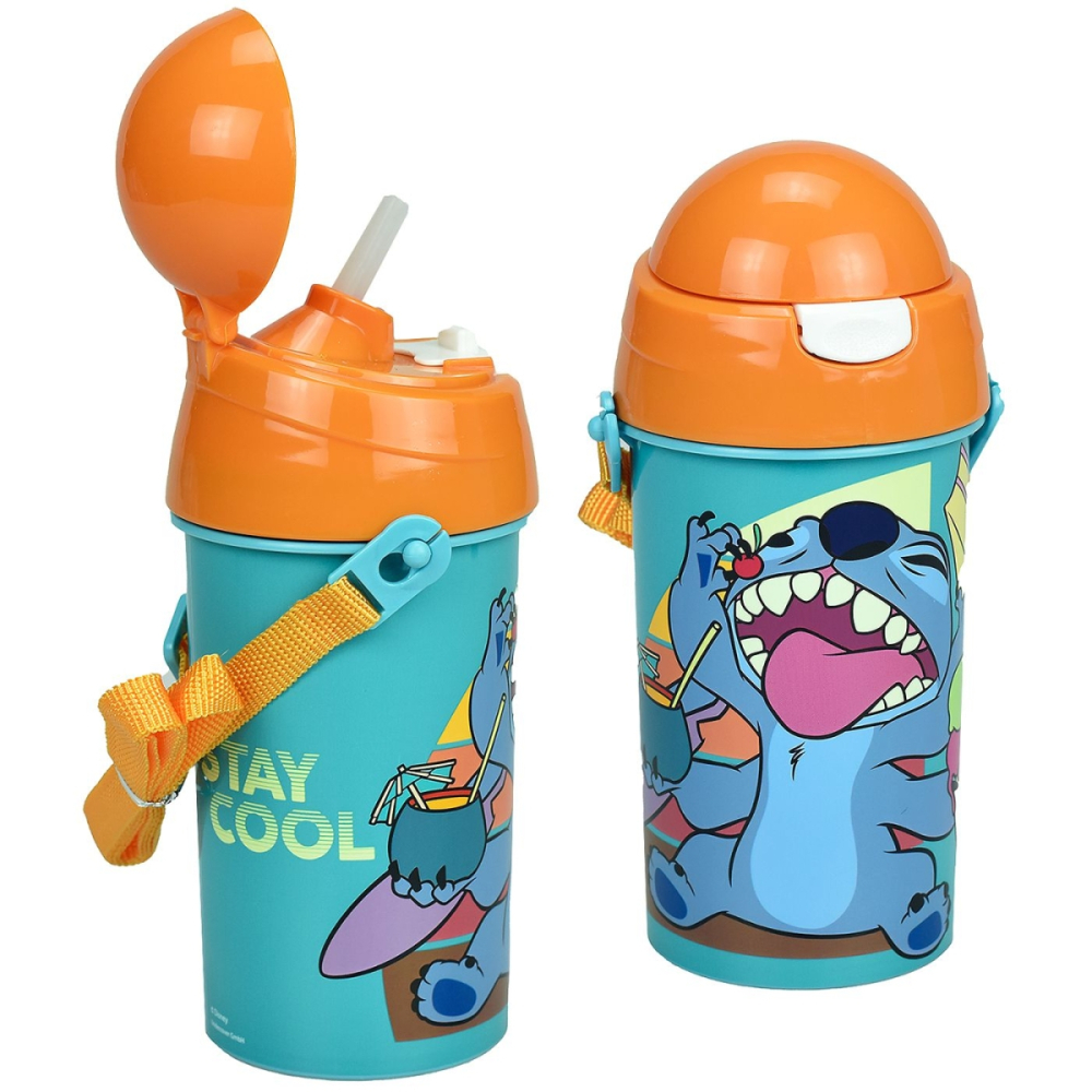 Παγούρι Lilo & Stitch 500ml με Καλαμάκι & Κορδόνι – Πλαστικό PP, BPA Free, 19x8cm