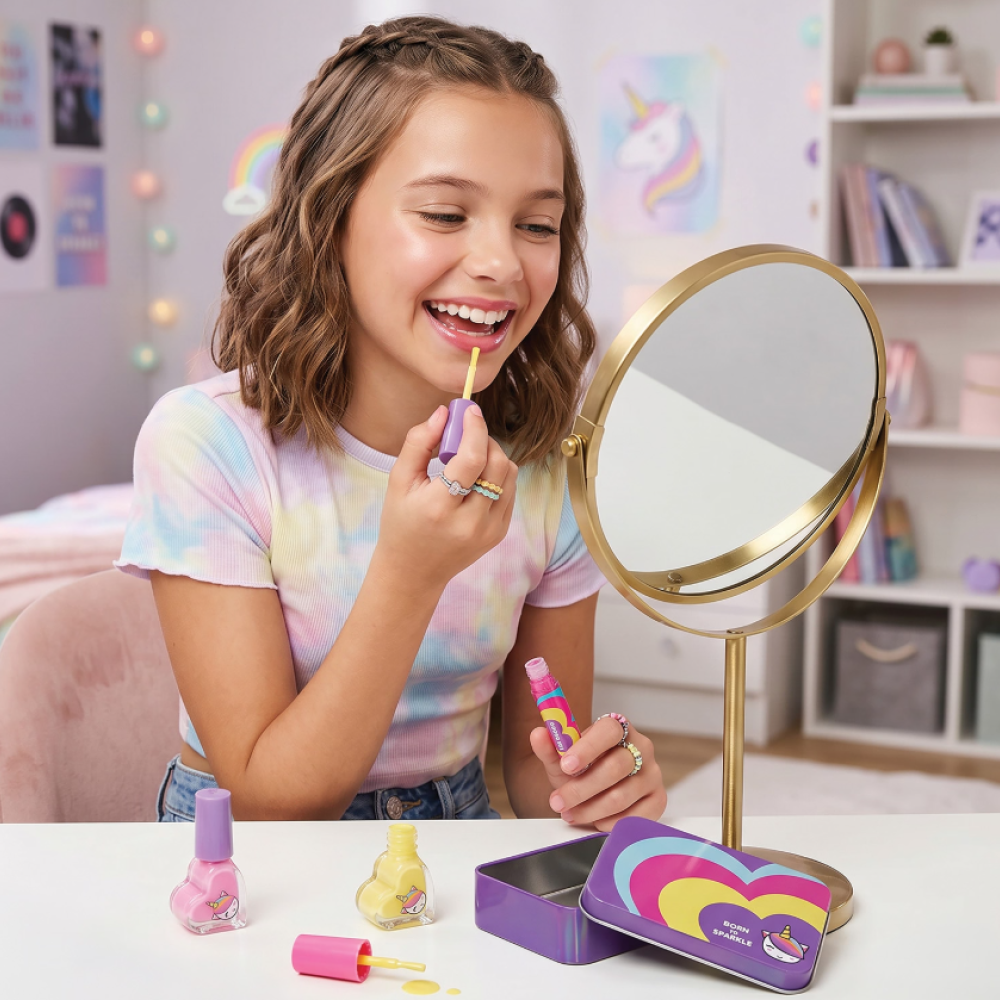 HappiHobbi Σετ Ομορφιάς με Θήκη Sparkle Love σε 2 Σχέδια Για 6+ Ετών - Μωβ
