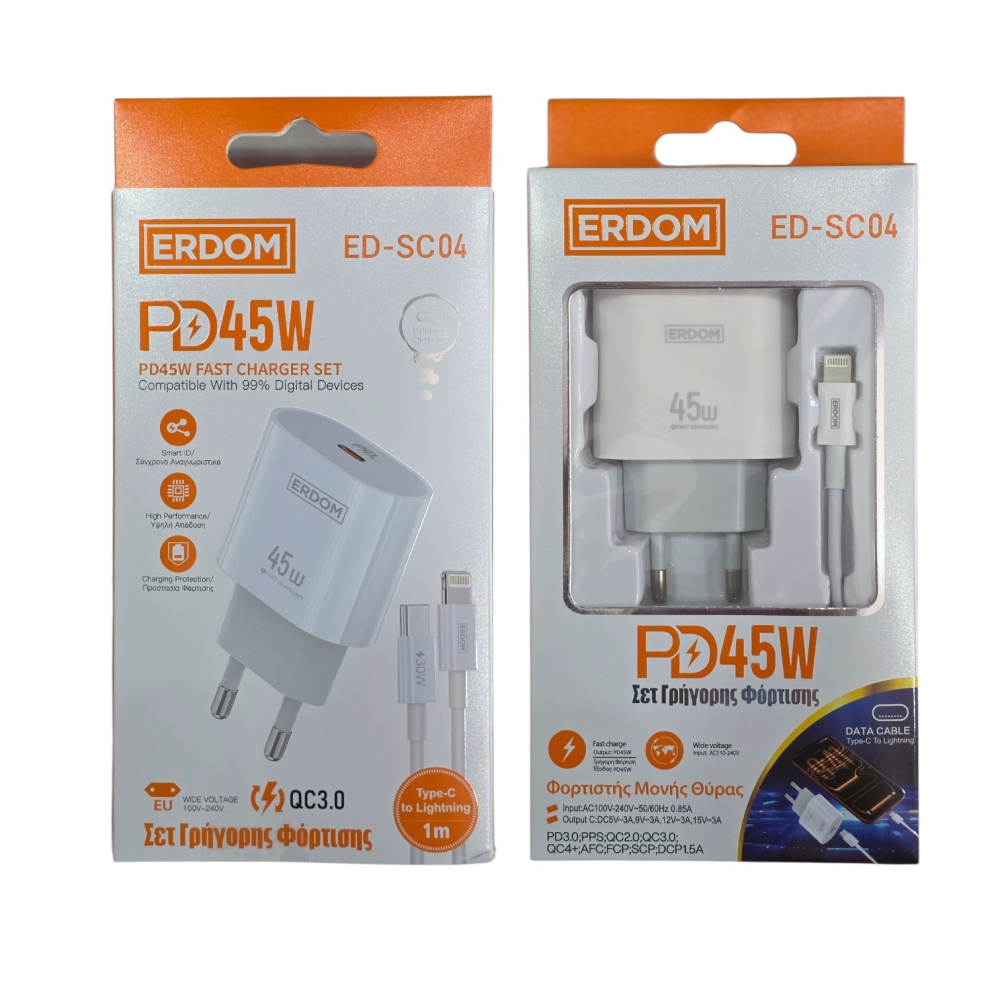 ERDOM Φορτιστής με Θύρα Type C 45W & καλώδιο Type C to Lightning - Λευκό