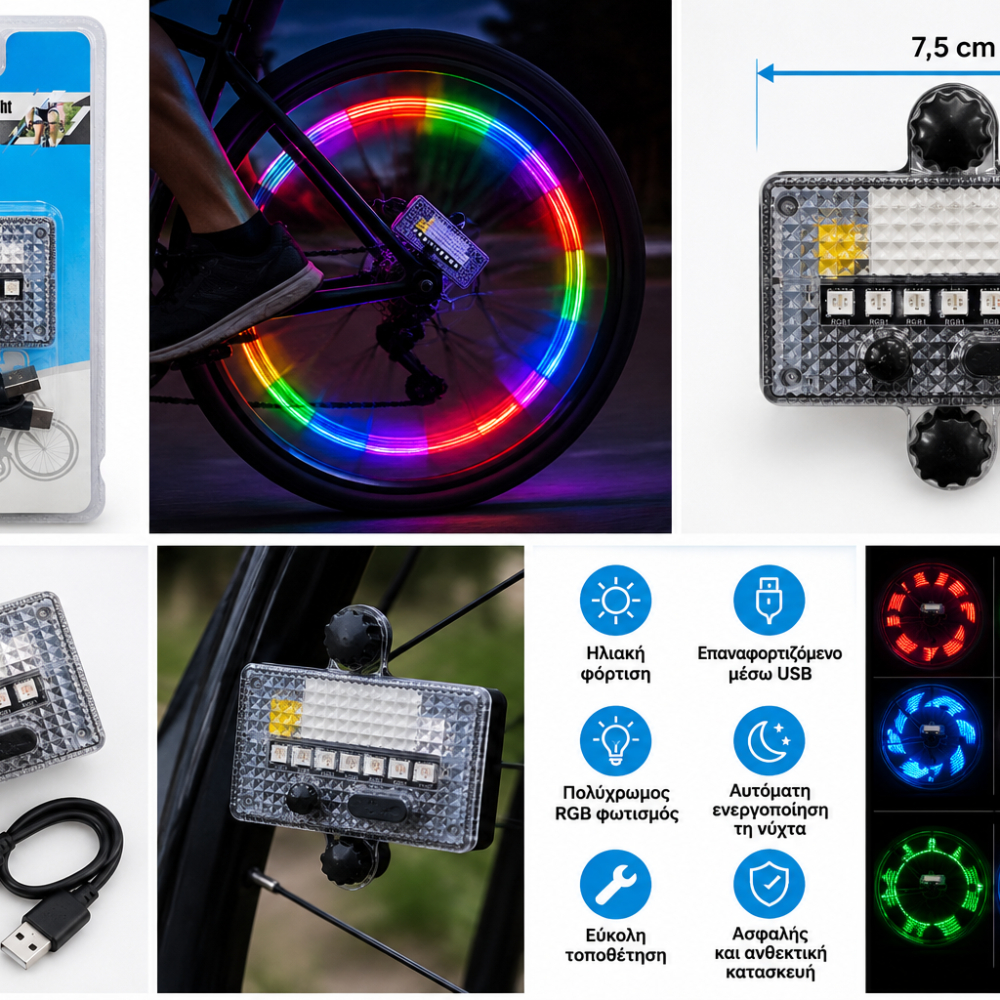 Ηλιακό Φως Τροχού Ποδηλάτου LED RGB με USB – Πολύχρωμα Εφέ