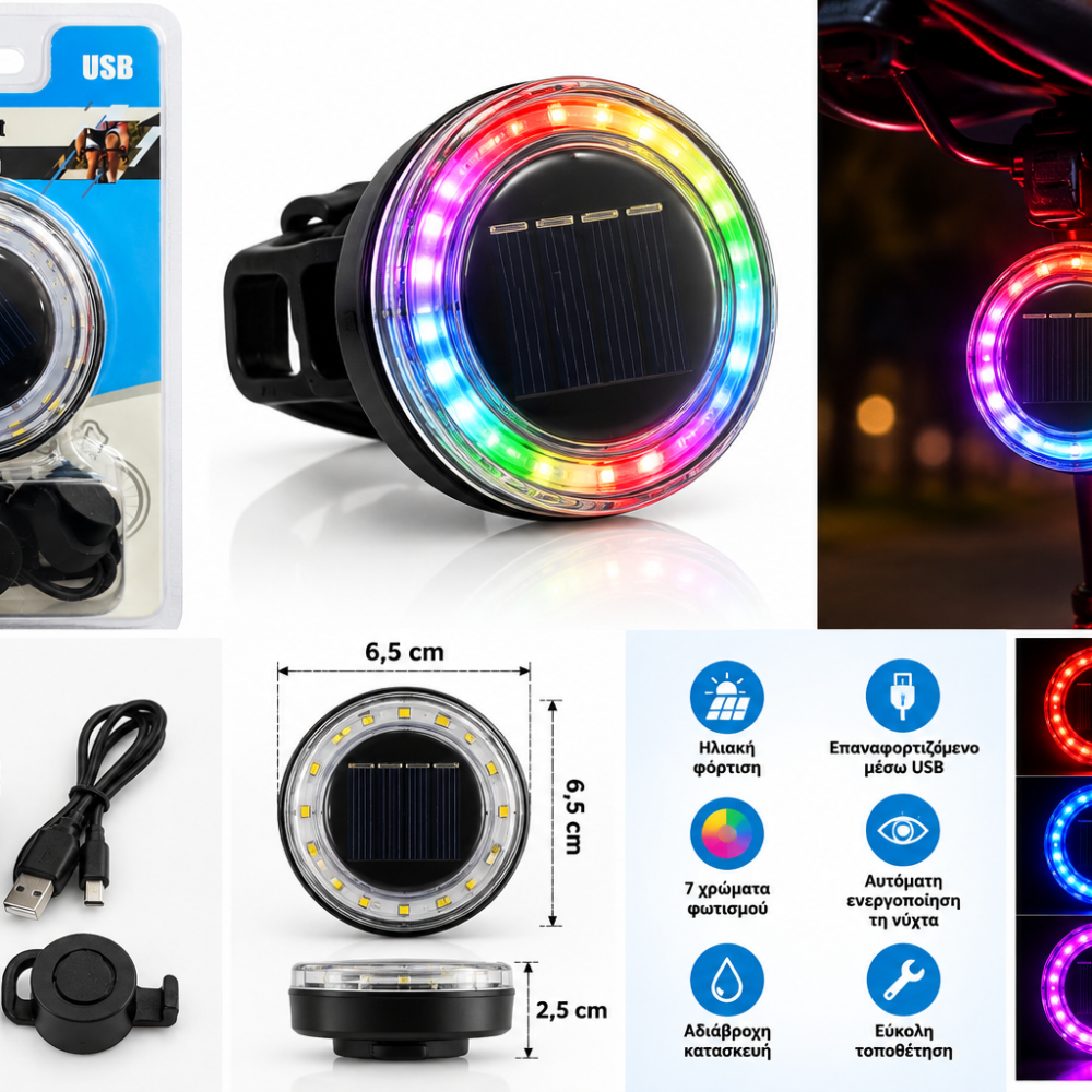 Ηλιακό Φως Ποδηλάτου LED με Φόρτιση USB