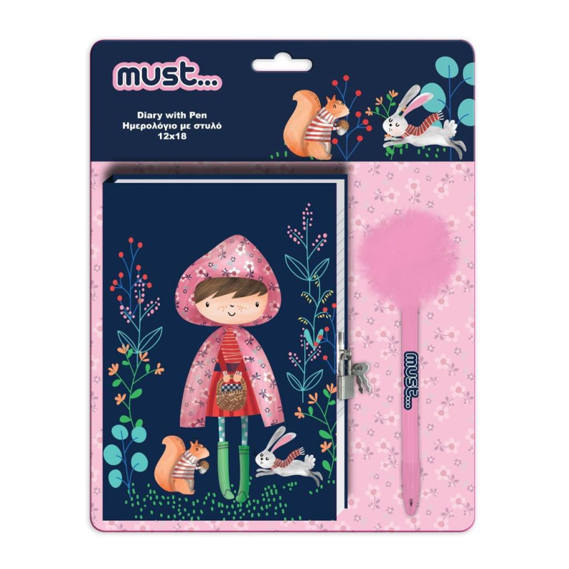 DIARY WITH LOCK 12X18CM 60SH 60GR AND PEN WITH POM POM MUST