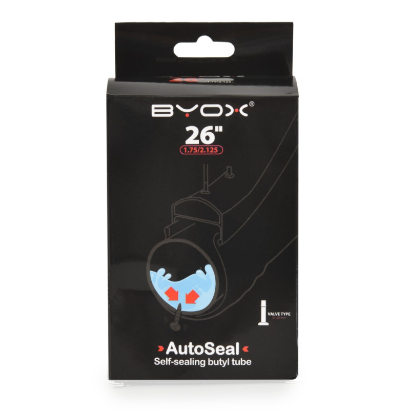 BYOX AutoSeal anti puncture butyl tube 26“*1.75/2.125 ; A/V 48mm, body width 42mm