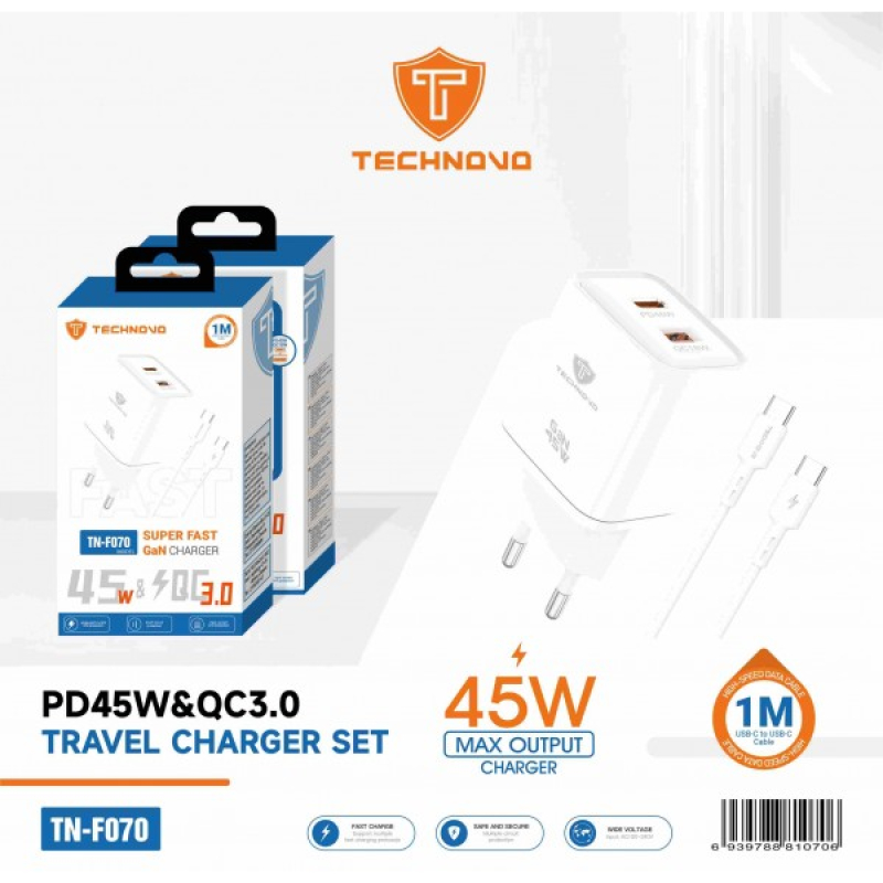 Technovo Φορτιστής με Θύρα USB-A και Θύρα Type C και Καλώδιο Type C - Type C 45W Λευκός - TN-F070