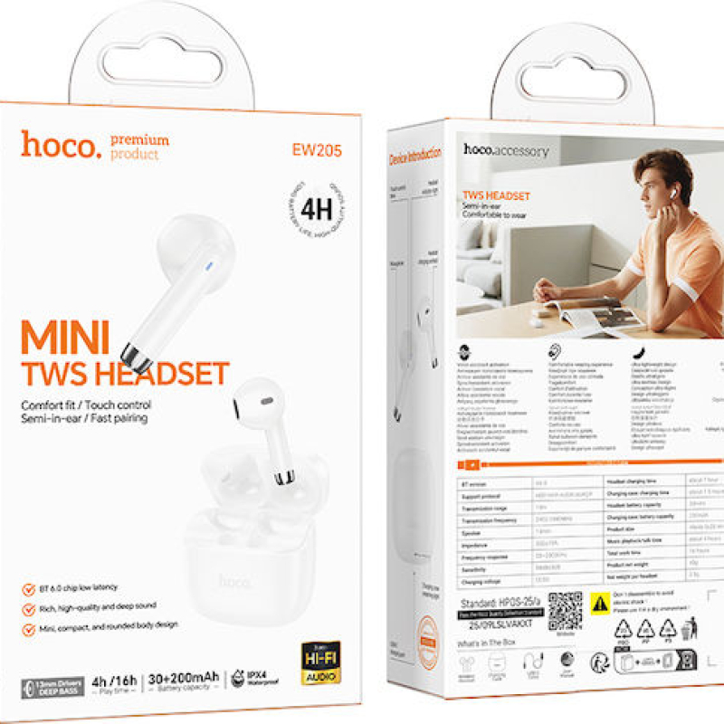 Hoco EW205 Peaceful Earbud Bluetooth Handsfree Ακουστικά με Θήκη Φόρτισης Λευκά